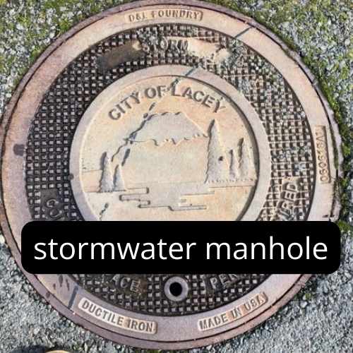round brown metal stormwater manhole cover with City of Lacey logo